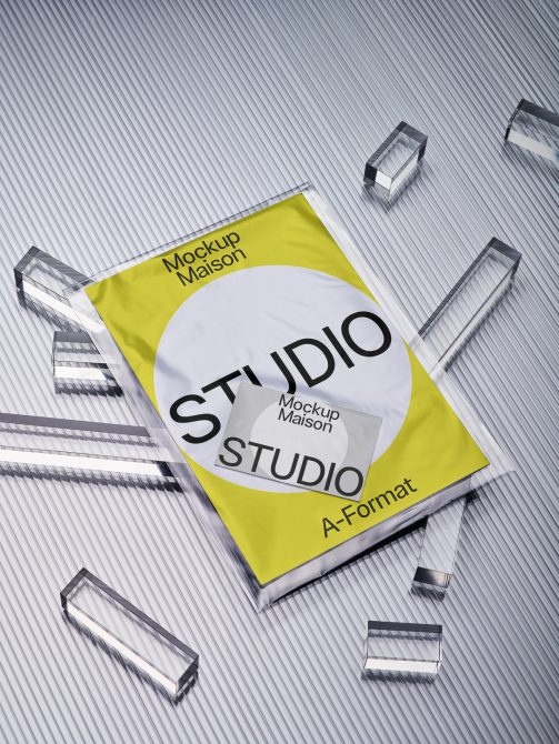 Bright lime A-Format mockup with white circle showing STUDIO text on striped background