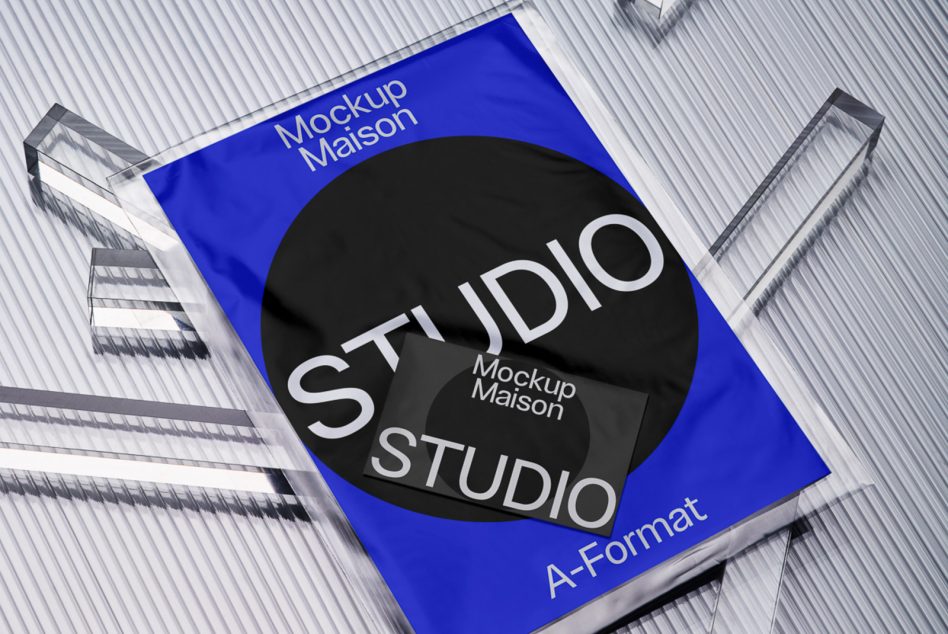 Royal blue A-Format mockup with black circle showing STUDIO text on striped background