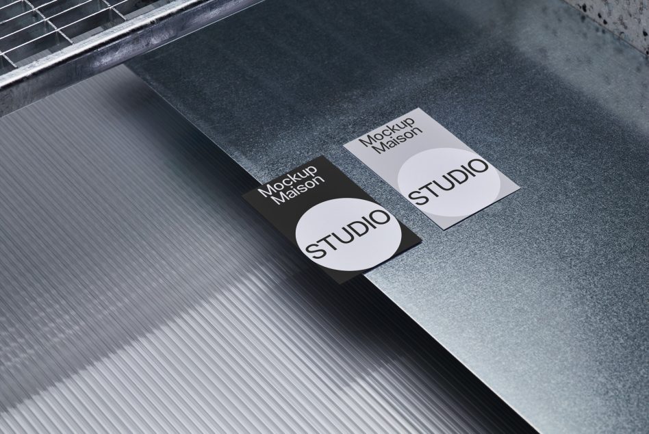 Black, white business cards angled on textured ground