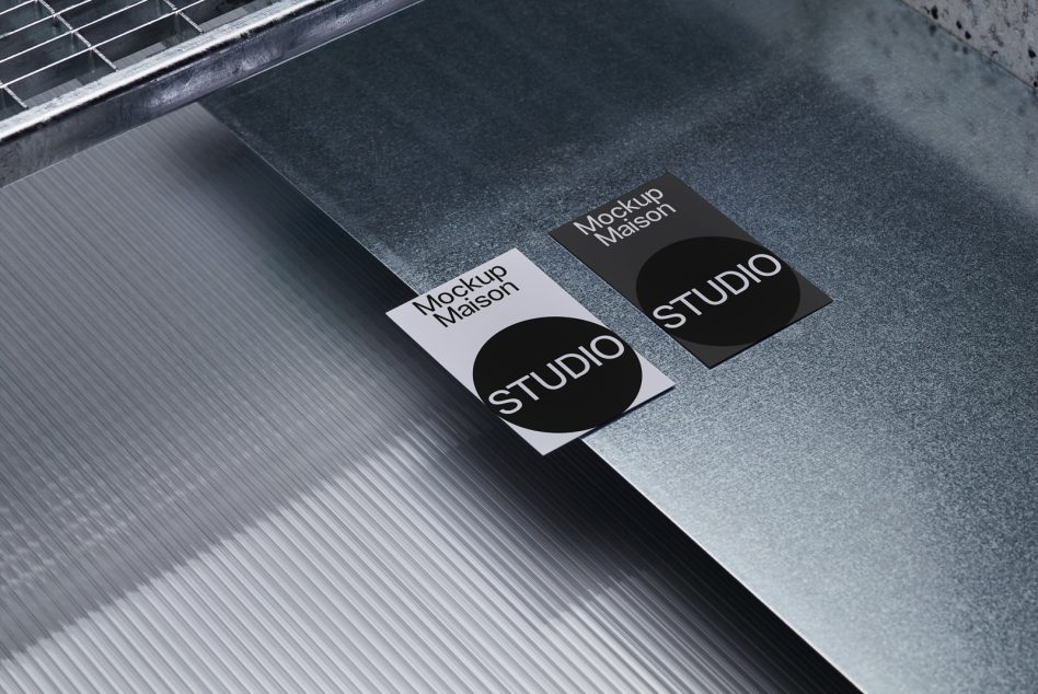 Black, white business cards laid on concrete surface overhead