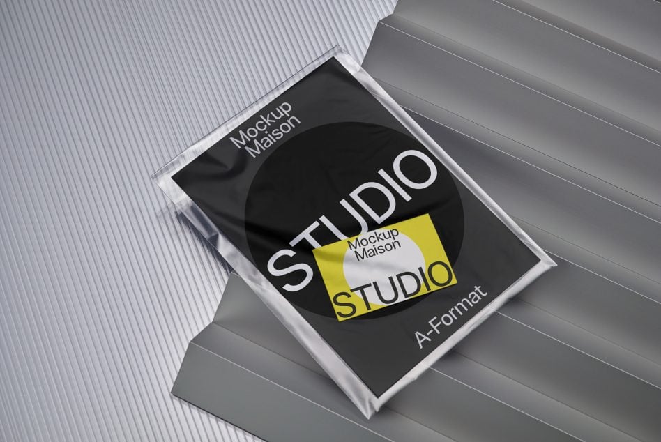 DVD case mockup in white packaging with yellow tag overlay