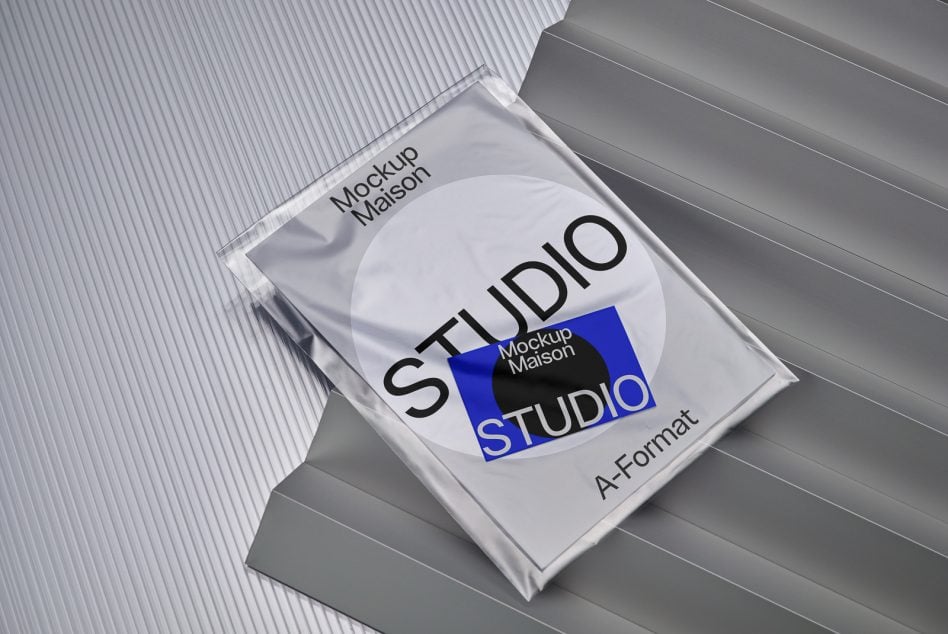 DVD case mockup in white packaging with blue tag overlay
