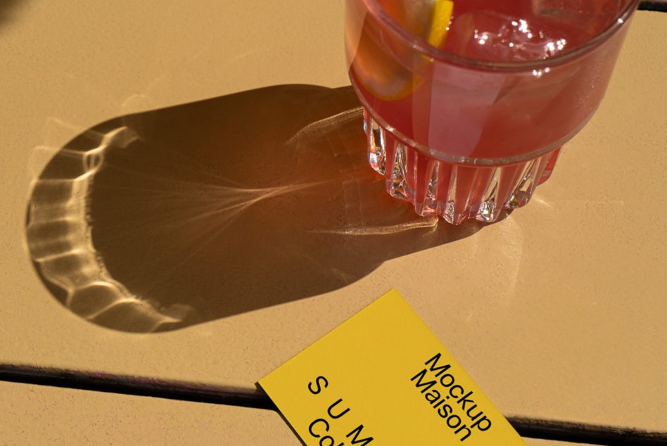 Yellow card mockup placed by refreshing red cocktail casting shadow on wood