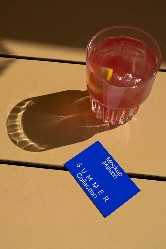 Stylish summer drink mockup with business card, designers can use for presenting brand identity on digital asset marketplace.