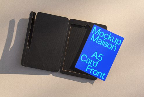 Black A5 card mockup on a neutral background, ideal for brand presentations, with clear space for design customization.