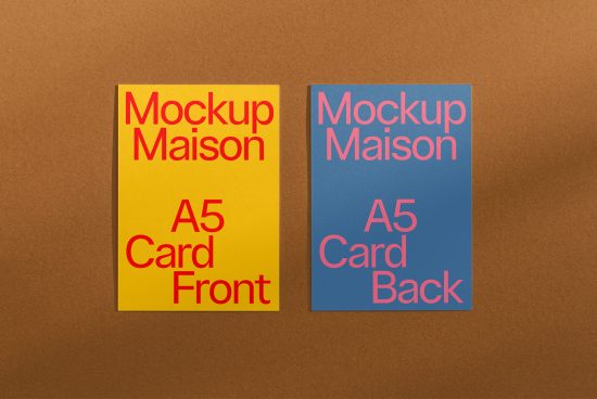 A5 card mockup with front and back layout on a brown background for graphic design presentations, showcasing fonts and print template design.
