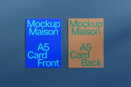 Blue and orange A5 card mockups on textured background ideal for designers showcasing front and back designs in graphics or templates category.