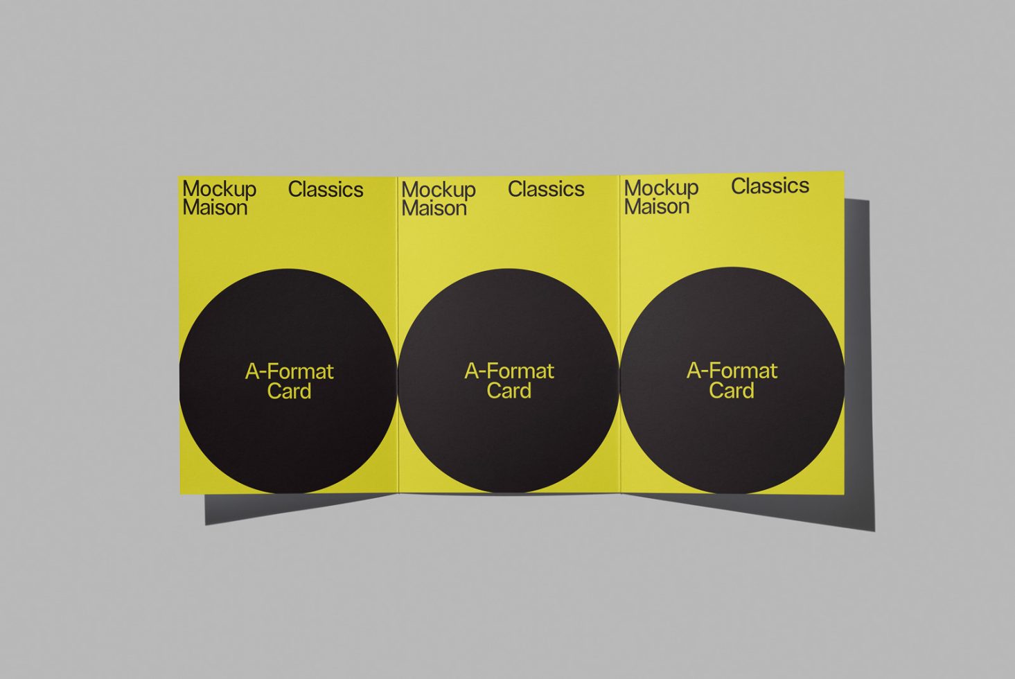 Tri-fold brochure mockup with yellow and black design elements displayed on a neutral background, ideal for presentation in graphics category.