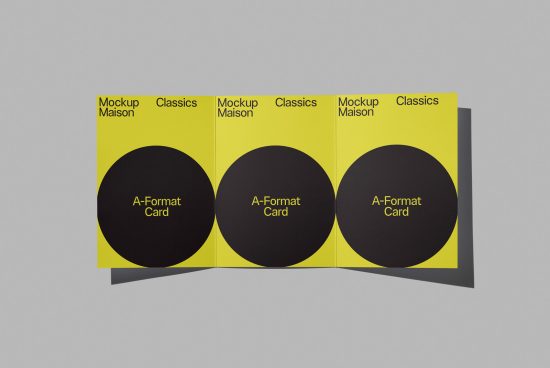 Tri-fold brochure mockup with yellow and black design elements displayed on a neutral background, ideal for presentation in graphics category.