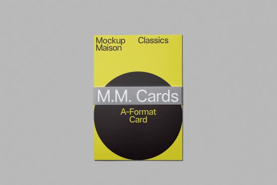 Graphic design mockup featuring a vibrant yellow card with a black circle, labeled "M.M. Cards A-Format Card" for creative packaging display.