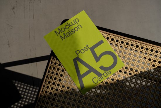 A5 postcard mockup on a metal grid with shadow play, suitable for graphic design showcase, print template presentation, and portfolio display.