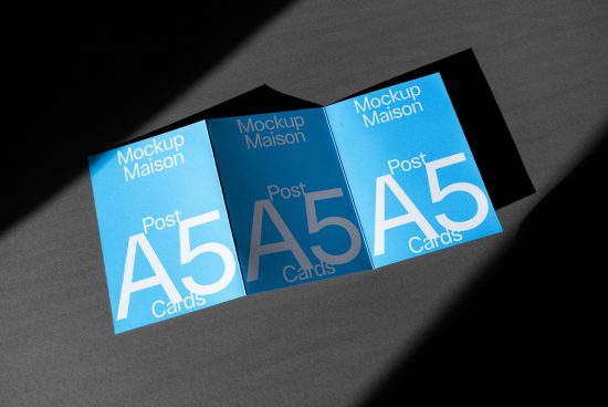 Mockup of three A5 cards displayed in overlapping fashion with elegant shadows on a gray background, ideal for presentations and portfolios.