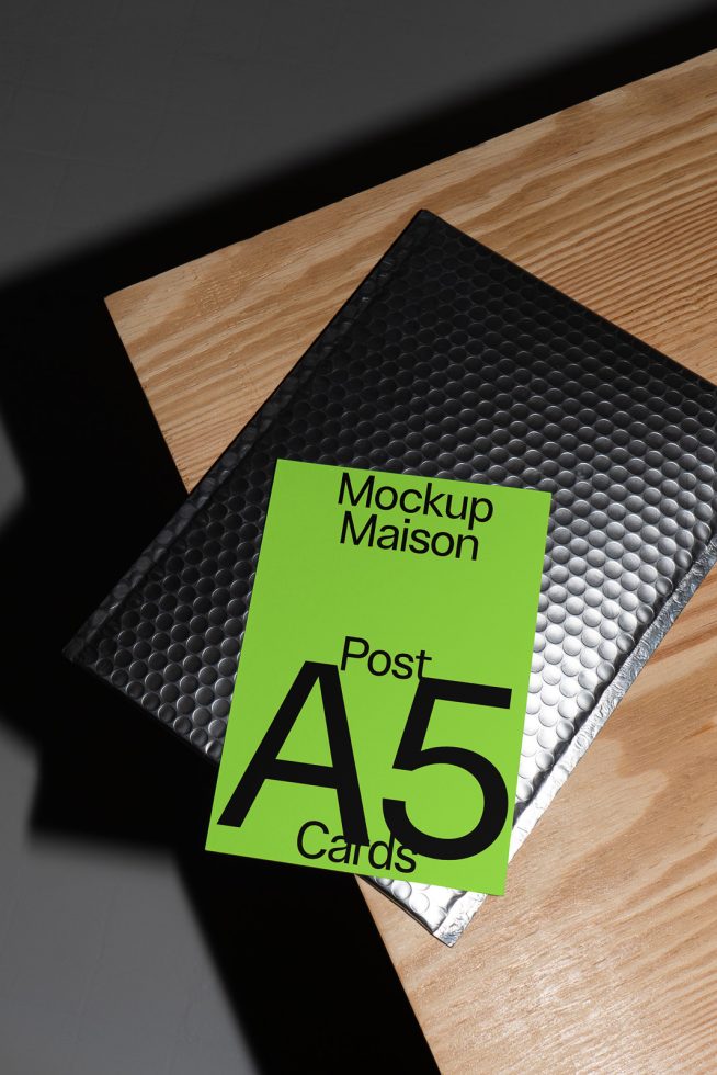 A5 postcard mockup with bubble mailer on a wooden table showcasing modern design presentation, ideal for graphic designers portfolio.