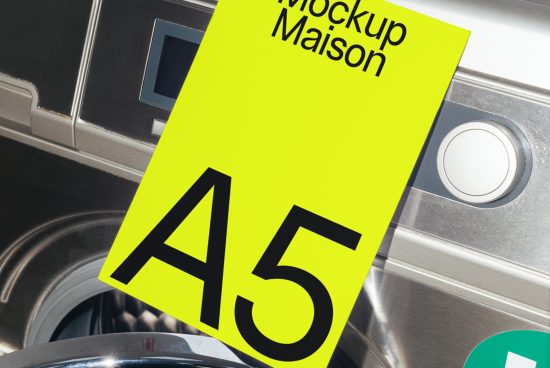 Bright yellow A5 flyer mockup on metallic car door handle, showcasing print design presentation for designers.