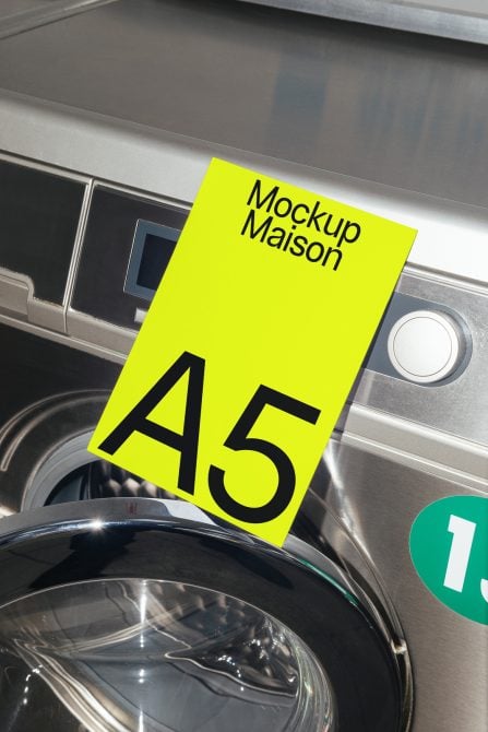 Bright neon yellow card propped on vintage appliances showing "Mockup Maison A5"