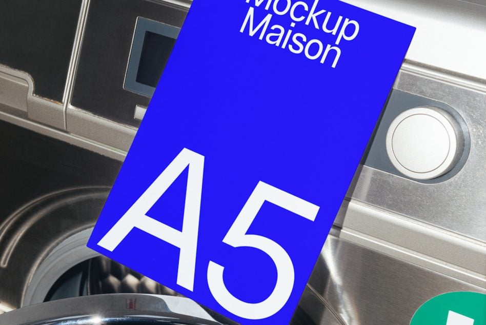 Bright blue A5 card mockup angled over kitchen appliances with bold white typography