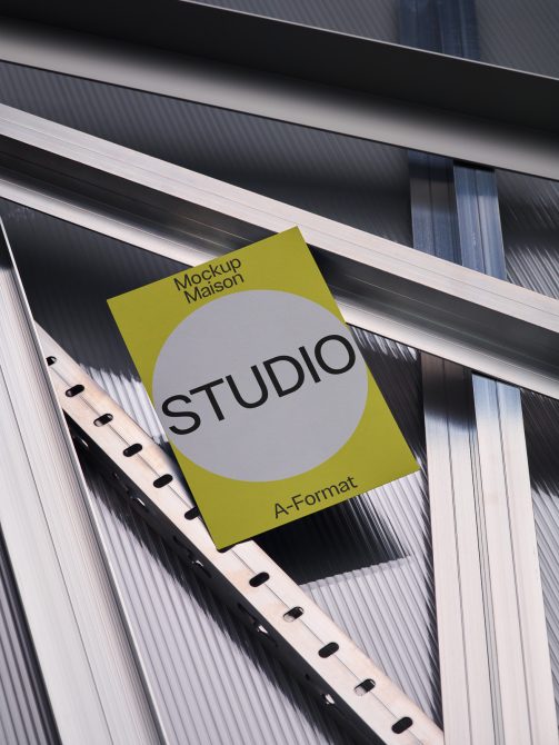 Modern studio flyer mockup displayed on metal rings among paper sheets, design template for presentation, creative overlay.