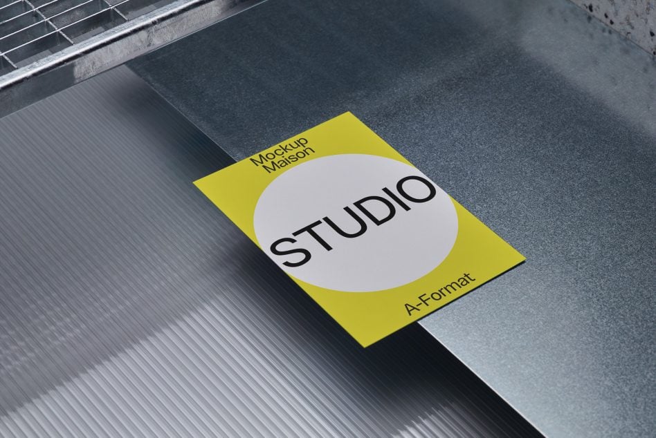 Lime yellow A-format poster mockup tilted on brushed metal surface overhead view