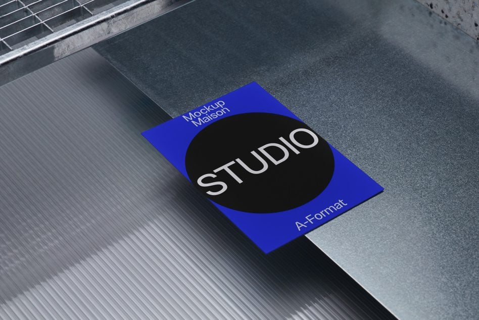 Royal blue A-format poster mockup lying on textured industrial metal floor