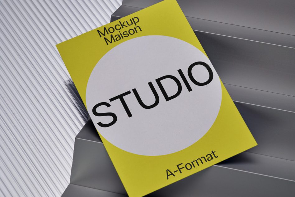 Chartreuse A-format poster mockup with white circle resting on metal steps