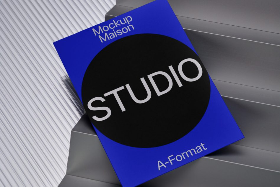 Cobalt blue A-format poster mockup with black circle on grey striped surface