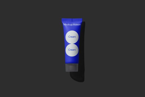 Blue cosmetic cream tube mockup on dark background for product design presentation, packaging mockup, realistic 3D render for brand designers.