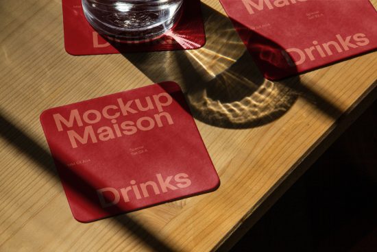 Professional drink coaster mockup on wooden surface with natural light and shadows for realistic product display, perfect for designers to showcase branding.