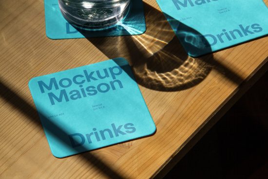 Coaster mockup on wooden surface with natural light shadow, showcasing print design for branding and presentation.