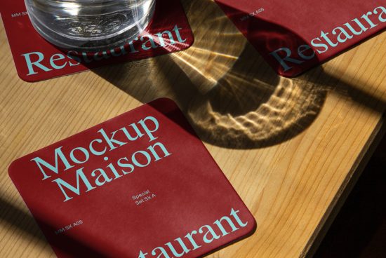Realistic restaurant menu mockup on wooden table with dramatic lighting and glass shadow, ideal for branding and design presentations.