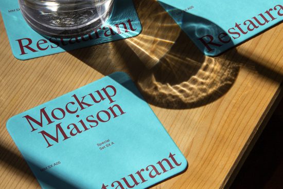 Professional restaurant business card mockup on wooden surface with dramatic lighting, perfect for graphic designers.