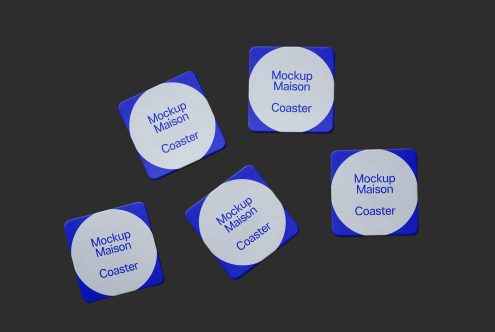 Five blue square coasters with rounded corners and white branding mockup on dark background, ideal for designers, presentations, and digital assets.