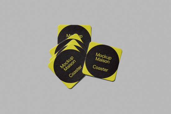 Yellow and black coaster mockups in a fan arrangement on a gray background, showcasing product design for creative assets.