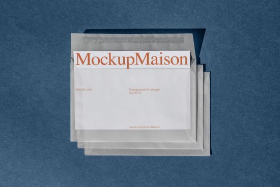 Stack of transparent envelope mockups on a textured blue background for presentation and branding designs, ideal for graphic designers and stationery mockups.