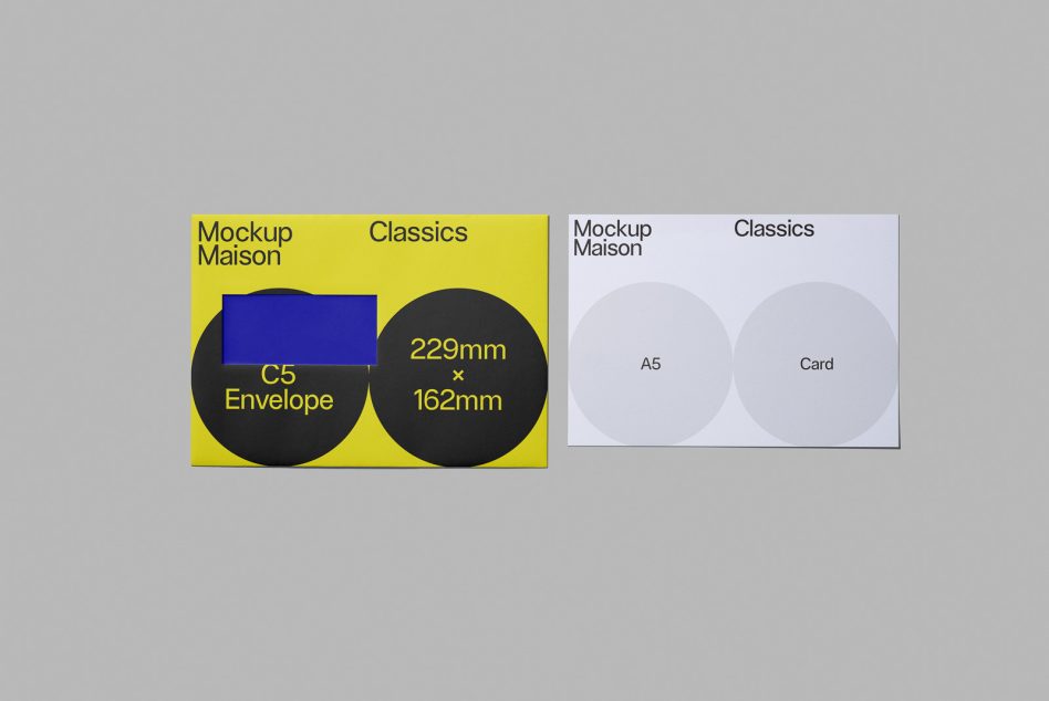 Yellow envelope with black circles beside light lavender A5 card mockup
