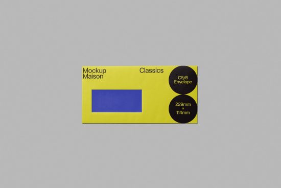 Yellow envelope mockup with blue rectangle design element on a grey background, ideal for branding presentations and design assets.