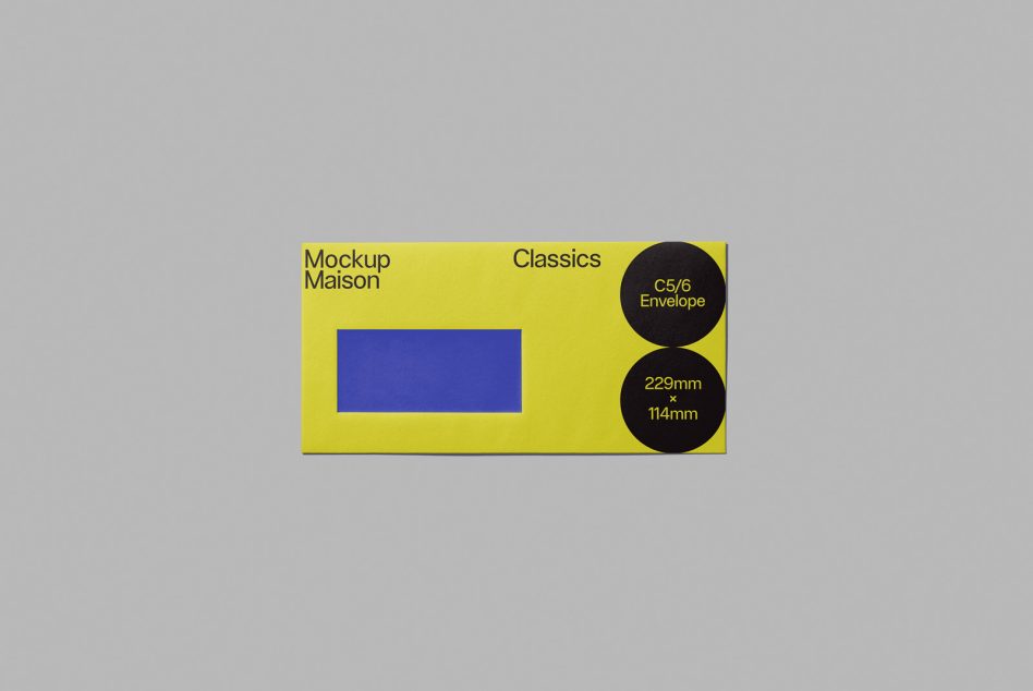 Yellow C5/6 envelope mockup with black circles showing dimensions 229mm x 114mm