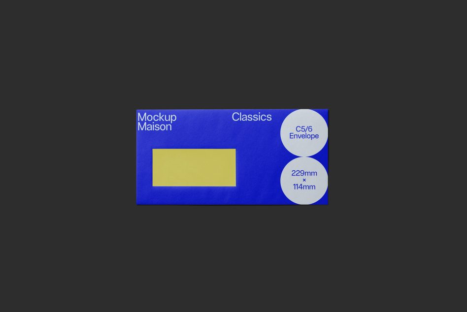 Horizontal C5 envelope mockup on blue background with yellow rectangle insert, circular specs