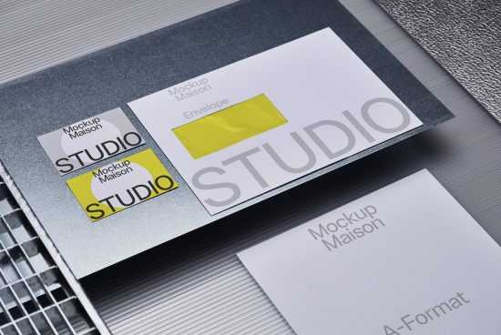Professional stationery mockup with business cards and envelope on metal texture background perfect for branding presentation graphics.