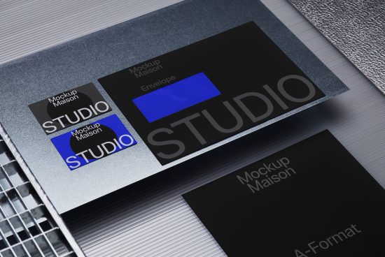 Professional brand identity mockup with business cards, envelope on textured surface for graphic designers' portfolio display.