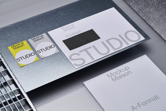 Professional corporate stationery mockup with silver textures showcasing business cards and envelope design for branding presentations.