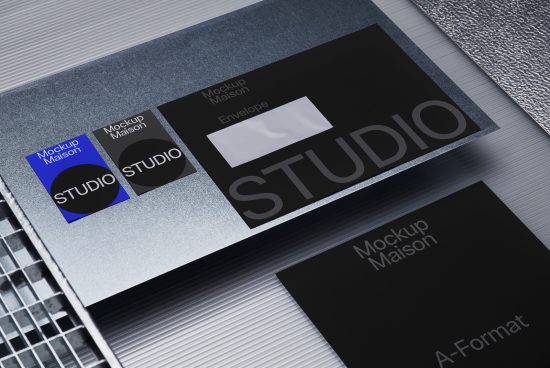 Alt: Elegant stationery mockup with envelopes, business cards on metallic surface showcasing corporate identity design assets for branding.