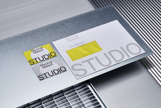 Print branding mockup with business cards and envelope on a textured surface, showcasing design space for logos and corporate identity.