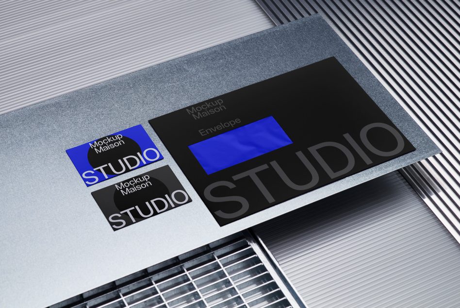 Professional branding mockup featuring business cards and envelope on a metallic desk for designers to display corporate identity designs.