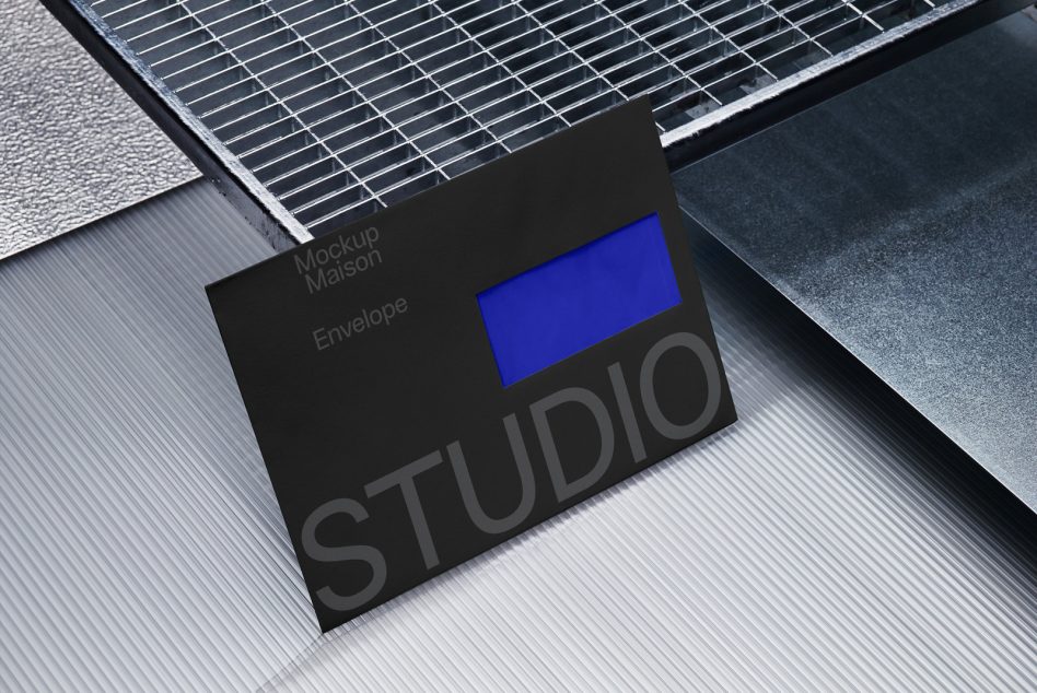 Black envelope mockup with blue window label on industrial metal grating surface