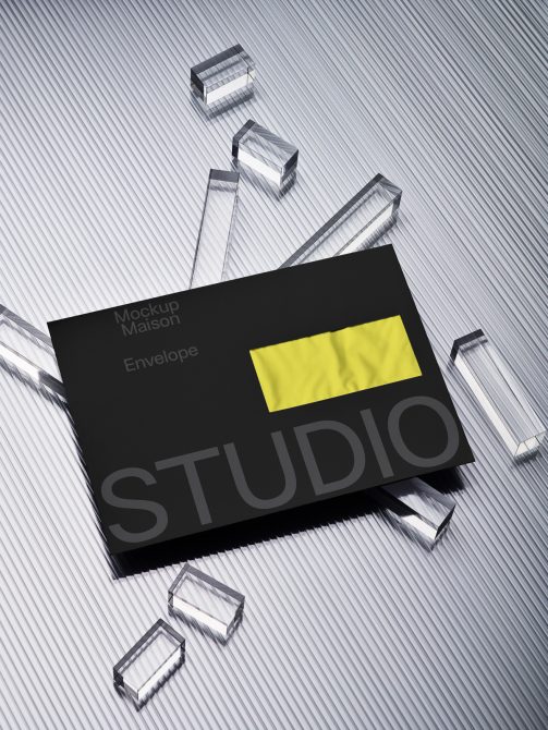 Black envelope mockup with bright yellow window label on textured background
