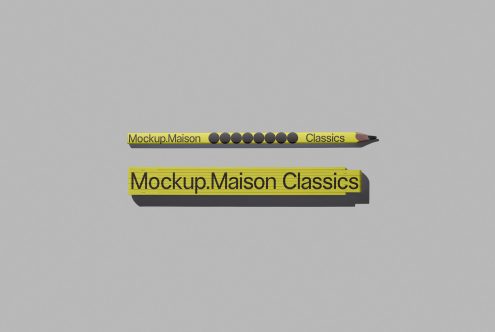 Creative pencil and label mockup for branding featuring Mockup Maison Classics text, ideal for designers looking to showcase designs.