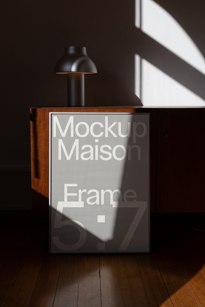 Interior poster frame mockup with shadow overlay, modern lamp on cabinet, in a room with natural light, wooden floor, ideal for presentations.