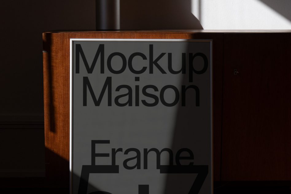Close view of framed poster on wooden desk with window light