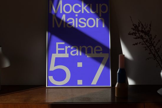 Elegant frame mockup on a wooden sideboard, interior setting with vase, shadows, realistic lighting for designers' presentations.