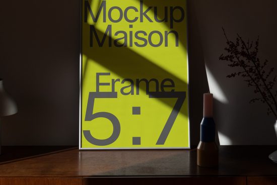 Poster mockup in interior setting with natural lighting, shadow play, and modern decor, perfect for presentations, Mockups category.